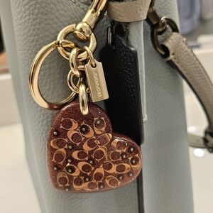 Coach Brown Heart Keychain with Gold Details